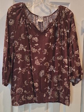 Rayon Burgundy Floral Peasant Blouse in Mauve - Women Tops Petite Large
